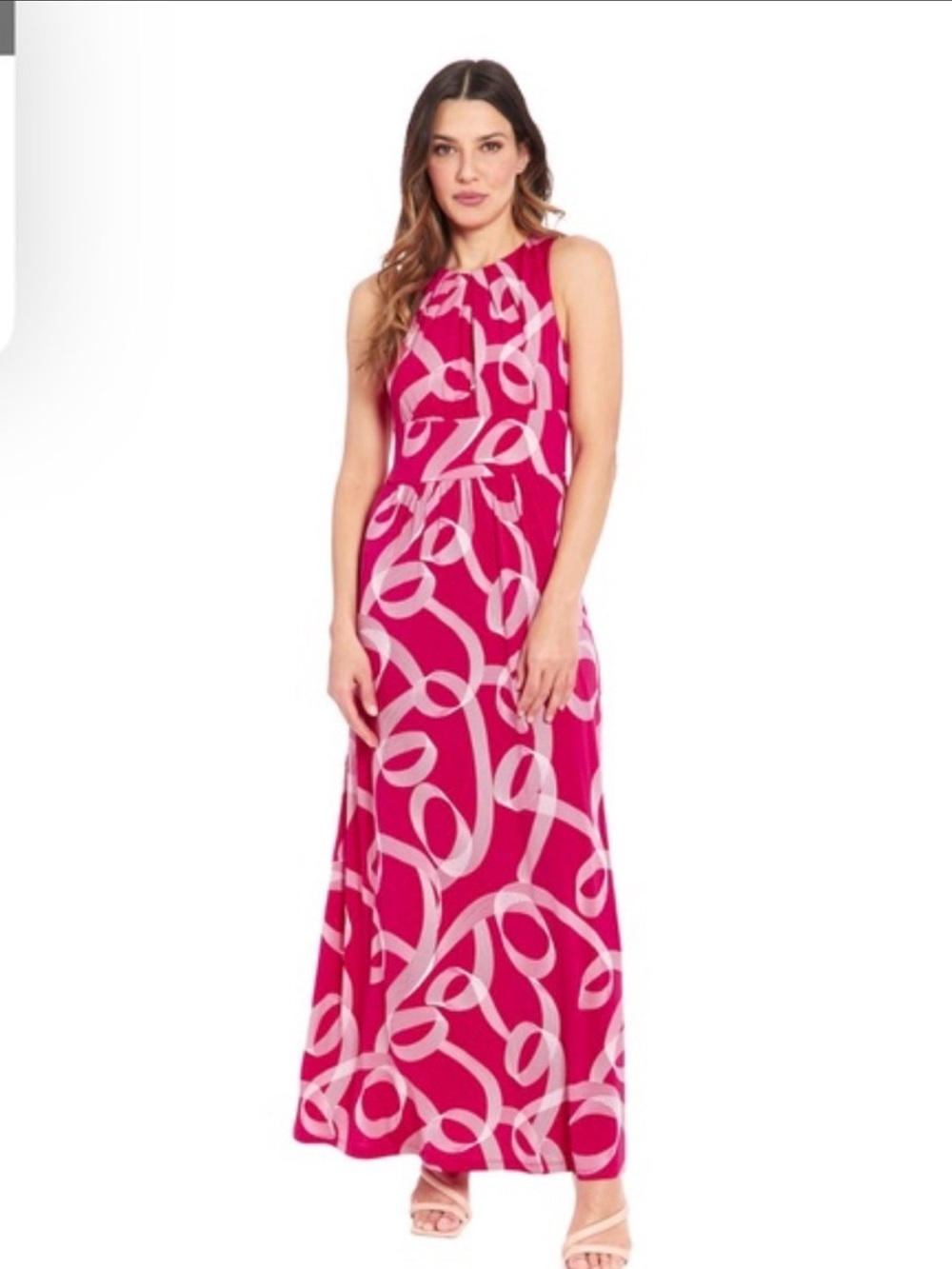 London Times Sleeveless Maxi Dress in Fuchsia and Light Pink Abstract Print